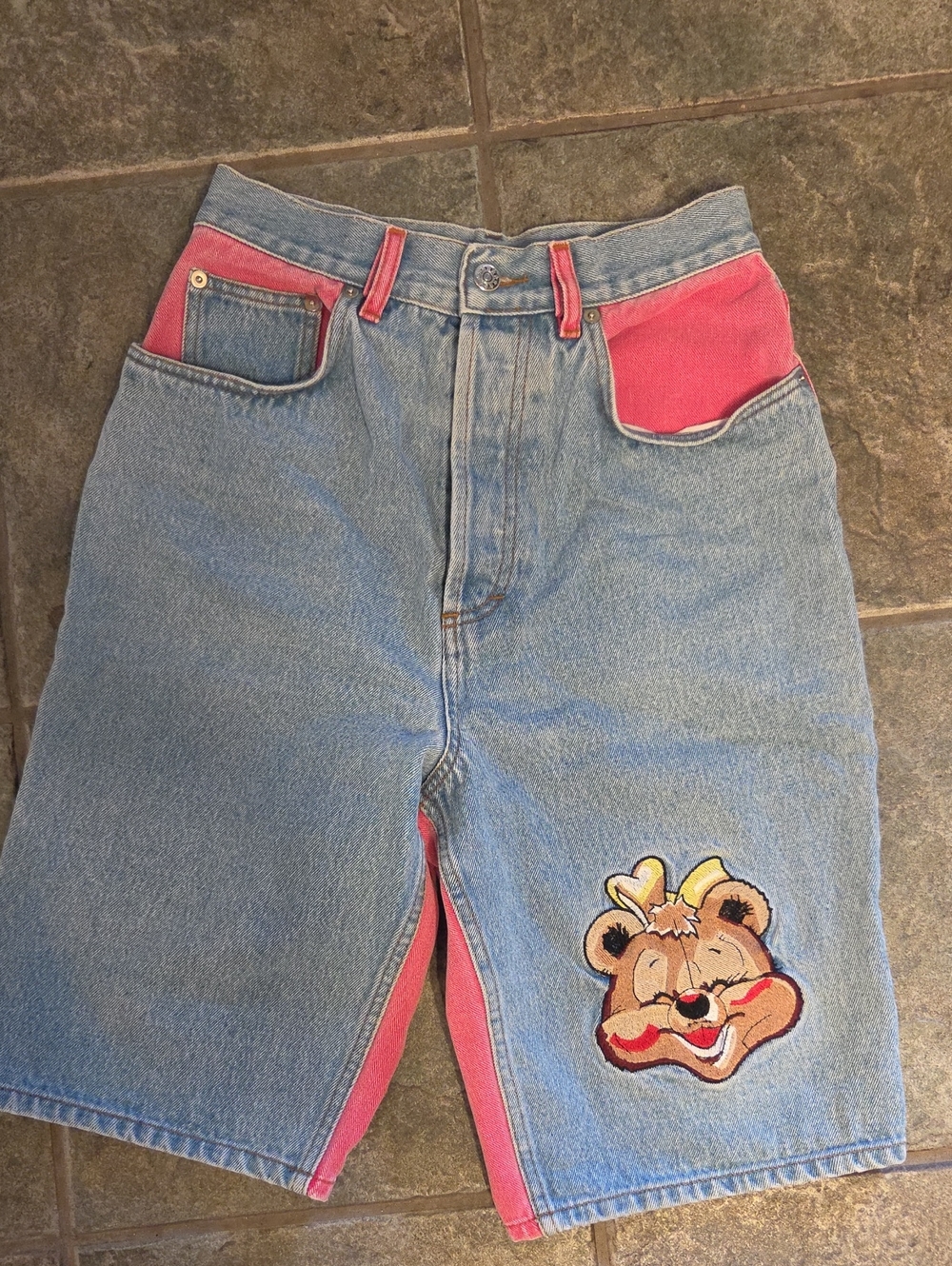 Light Blue Denim Boyfriend Shorts with Pink Accents and Embroidered Bear
